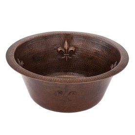 16" Round Copper Prep Sink w/ Fleur De Lis and 3.5" Drain Opening