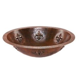 19" Oval Fleur De Lis Under Counter Hammered Copper Bathroom Sink