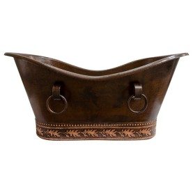 Custom 67" Hammered Copper Double Slipper Bathtub with Rings and Oak Leaf Trim Design