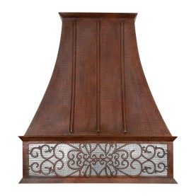 Custom 46" Hammered Copper Euro Range Hood with Nickel Background Scroll Design