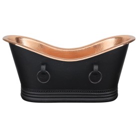 67" Hammered Copper Double Slipper Bathtub With Rings in Glazed Black with Polished Copper Interior