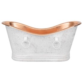 67" Hammered Copper Double Slipper Bathtub With Rings in Glazed White with Polished Copper Interior